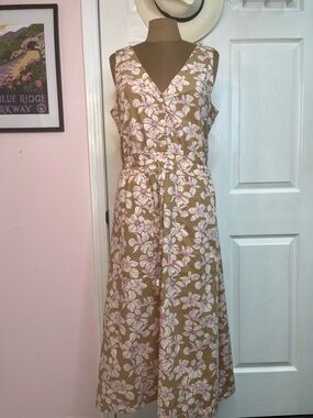 GAP Sleeveless Floral Dress Midi Tan Taupe with Pink Flowers Size Small
